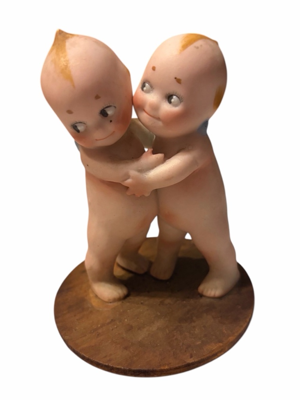 Antique ROSE O’NEILL bisque baby twin huggers KEWPIE Dolls on wooden base EUC!